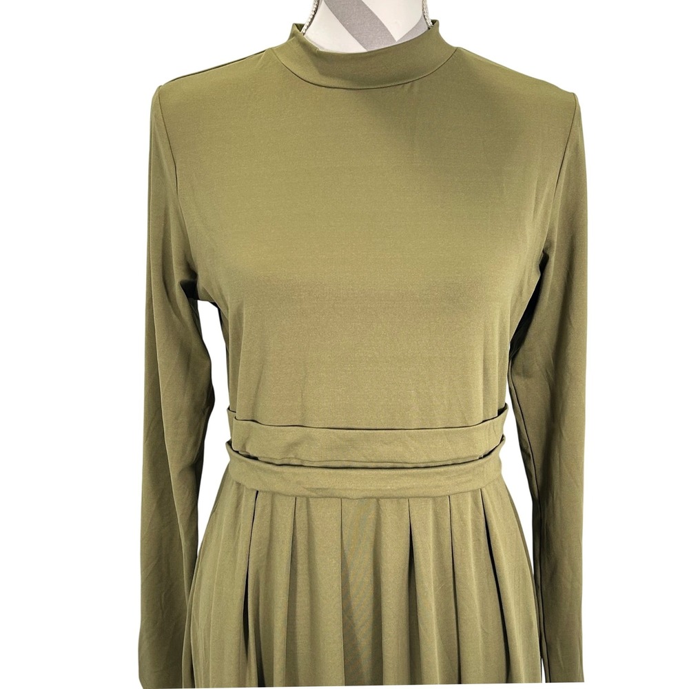Halara Olive Green Mock Neck Long Sleeve Pleated Maxi Dress Womens Large NWT - Picture 3 of 7